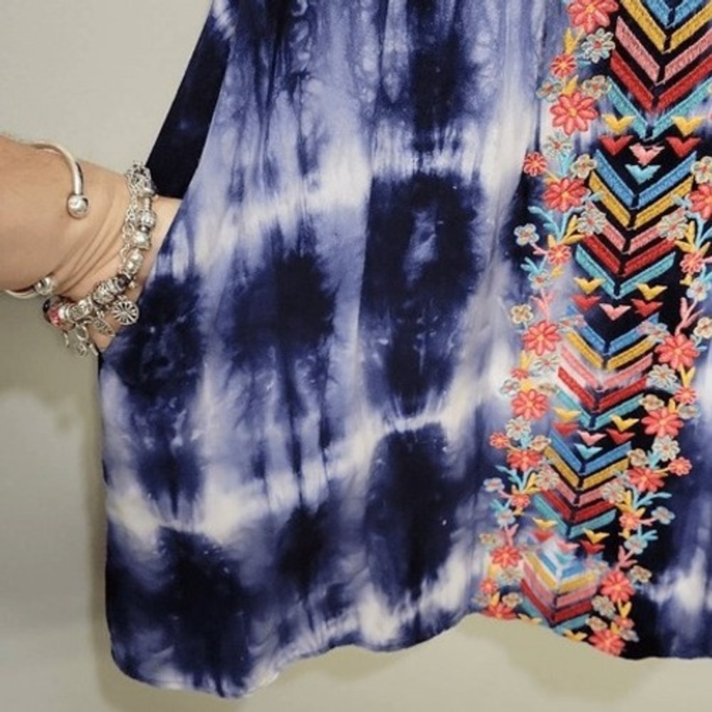 Savanna Jane Mini Sundress‎ Large Blue Tie Dye Embroidery Halter Pockets Unique - Picture 7 of 10